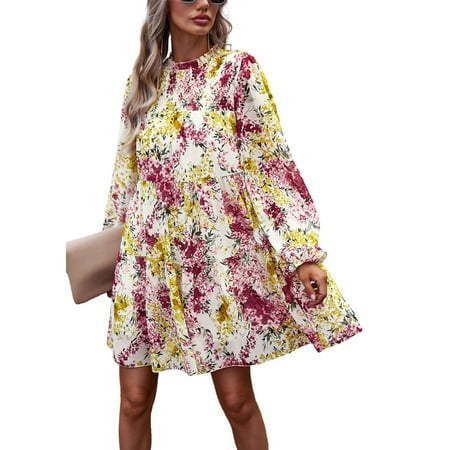 Valcatch Women s Casual Floral Dress Mock Neck Long Sleeve Flowy Boho Dresses