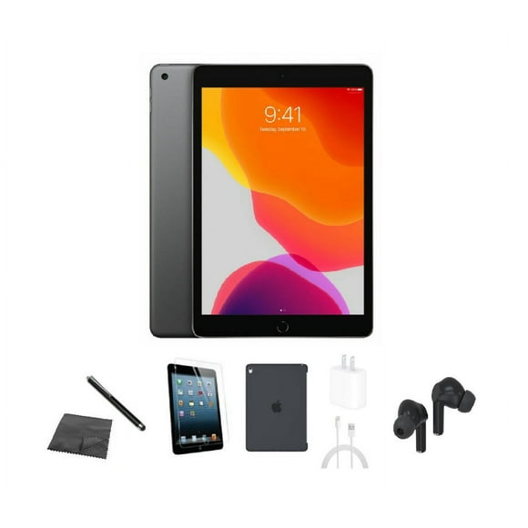 Refurbished Apple iPad 7th Gen A2197 (WiFi) 32GB Space Gray Bundle w/ Case, Bluetooth Earbuds, Tempered Glass, Stylus, Charger