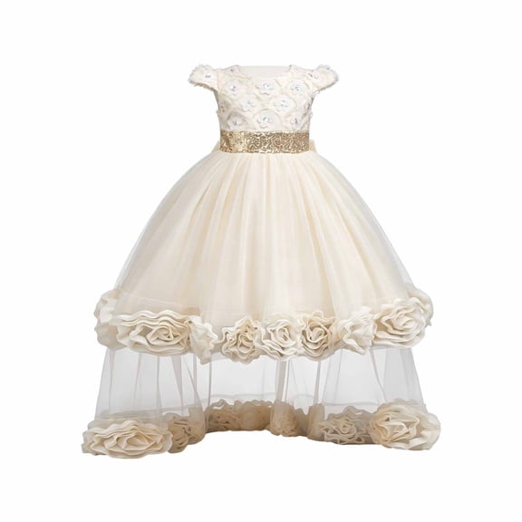 ZHOGXU Kids Girls Sparkly Short Sleeve O Neck Lace Wedding Dress Puffy Formal Gown With Bow Birthday Party Outfit