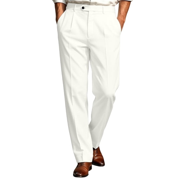 LODIENY Casual Dress Pants for Men Pleated Old Money Straight Leg Baggy Suit Slacks Fall Relaxed Fit Slacks Work Trousers with Pockets White L