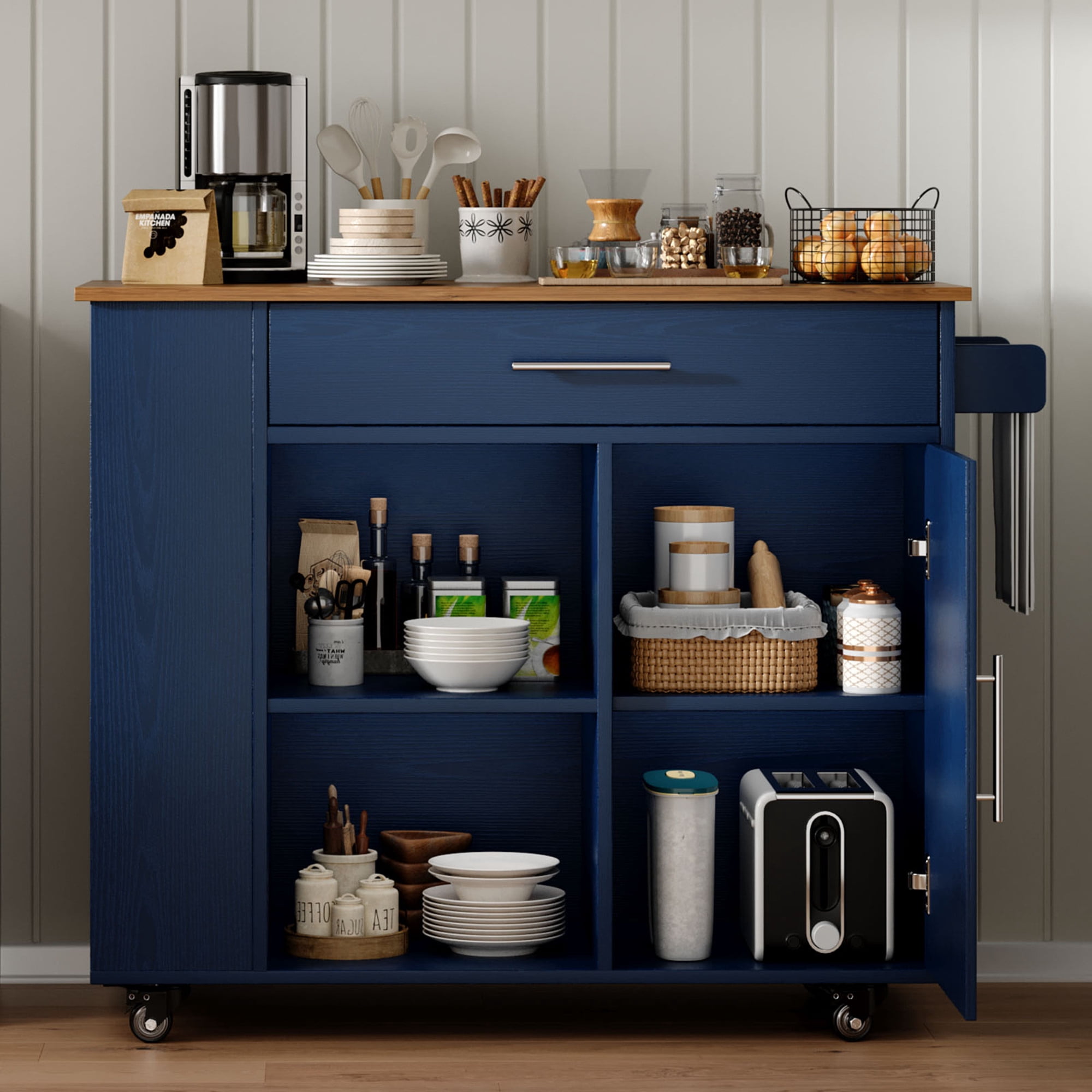 Kitchen Island on Wheels with Storage, Rolling Cart with Spice Rack, Towel Rack, Open Shelves & Drawer, Portable for Kitchen/Dining, Blue