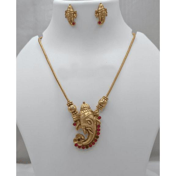 Antique Gold-Plated Lord Ganesha Pendant Necklace Set with Earrings – Traditional Indian Jewelry for Women