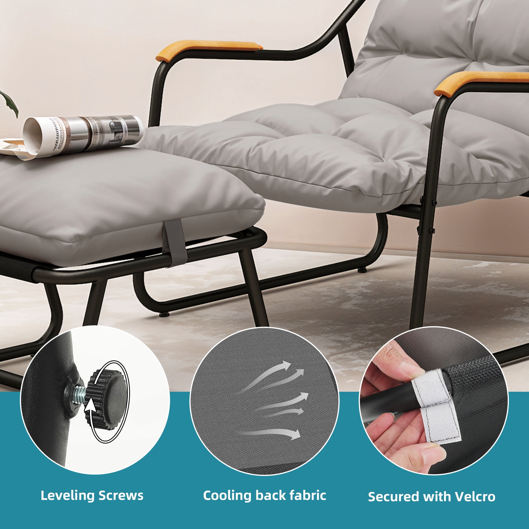 Uforic Outdoor Papasan Lounge Chair with Ottoman, Dark Gray Textilene Sling Recliner Set with Puffy Cushion, Indoor Outdoor Comfy Leisure Chair for Patio Balcony Backyard Garden
