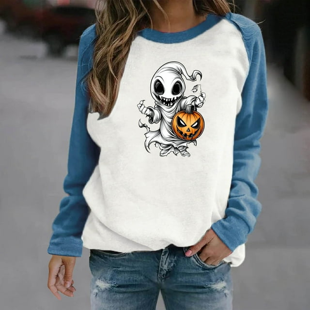 Wpawbk Chandail en Molleton Imprimé Halloween pour Femmes Col Rond Manches Longues Surdimensionné Doux Confortable Élégant, pour Femmes, Automne Printemps Hiver, Décontracté Rendez-Vous Fête Travail Maison Vacances, Mode Attrayante