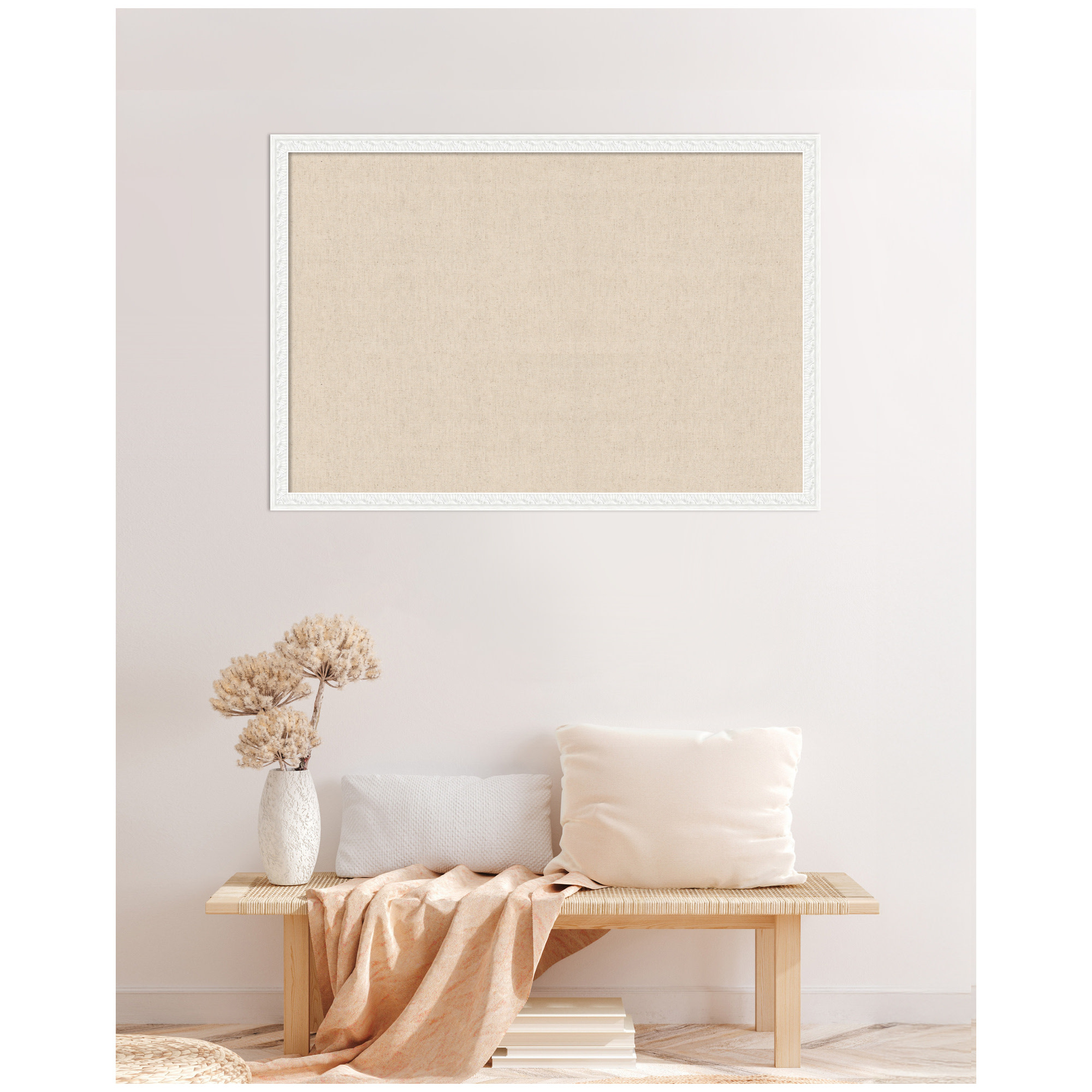 Kate and Laurel Framed Fabric Pinboard 38 x 26, Neutral Weave Printed Linen Decorative Bulletin Board for Use as a Vision Board or Wall Organization, Bethany White Frame