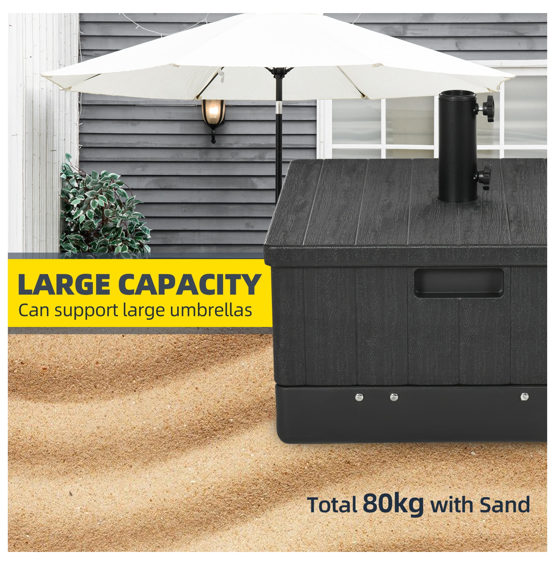 3-in-1 Outdoor Umbrella Base, Coffee End Table, Flower Box Planter, 175lbs Capacity Patio Umbrella Stand Table with Wheels and Handles, Black