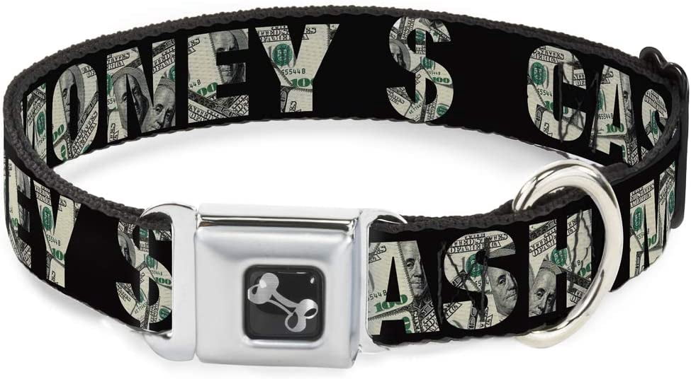 BuckleDown Dog Collar Seatbelt Buckle Cash Money Black Dollar Bills Fill, Multicolor, 1.5" Wide