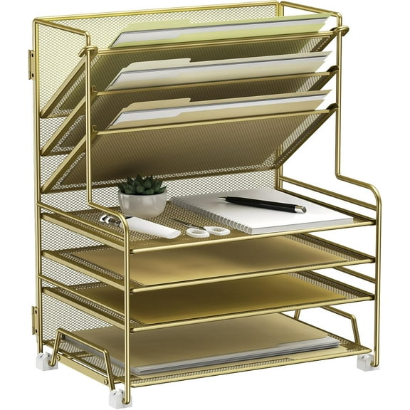 4-Tier Paper Organizer   3-Pocket File Holder   Drawer   Pen Holders, Desktop File Organizers Paper Tray for Office Supplies School Classroom Organization (Gold, no Drawer & Pen Holder)