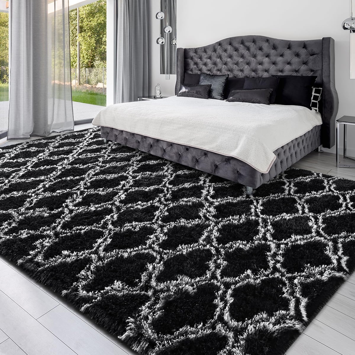 Brochao 5'x8' Geometric Shag Area Rug for Living Room, Diamond Indoor Area Rug, Fluffy Carpet Plush Rug, Soft Home Floor Bedroom Carpet, Black