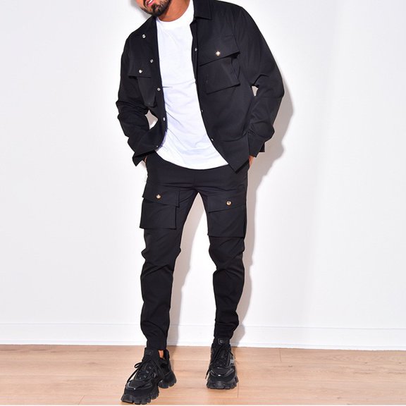 Solid Long Sleeve Jacket Drawstring Pants Set (M, Black)