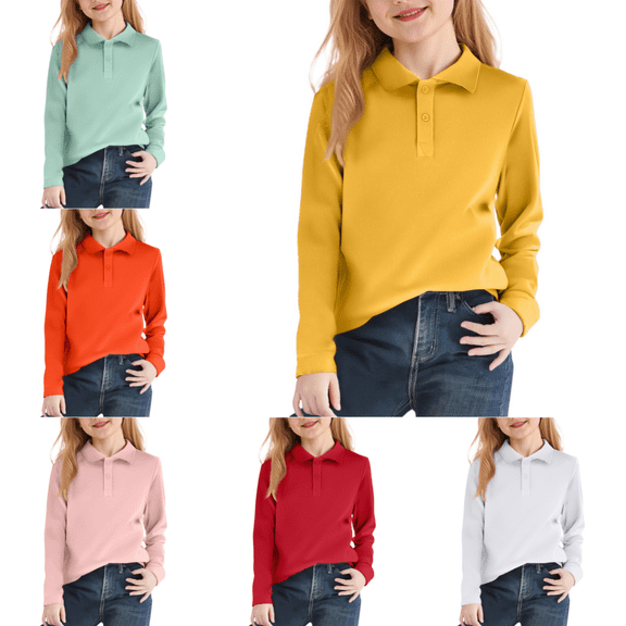 Domuza Children's Back to School Polo Shirt, Back to School Durable Long Sleeve Pique Knit Top for School Uniform and Daily Activities Yellow 4-5 Years