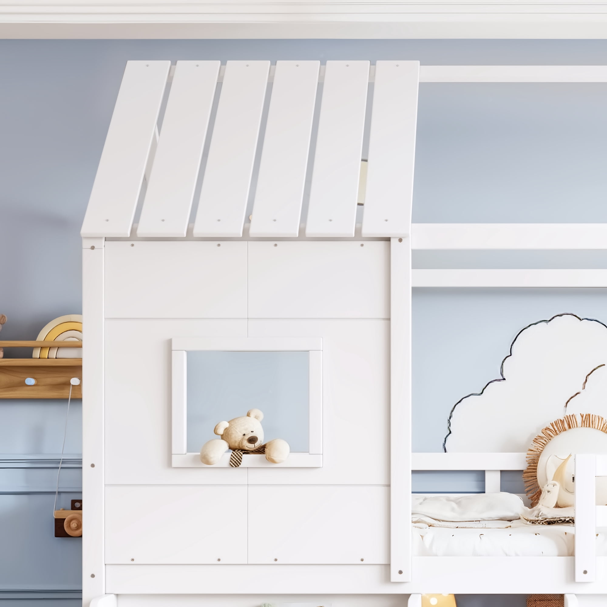 Leumius Twin Size Loft Bed with Storage Shelves and Stairs, House Loft Bed with Playhouse Shape Roof and Window, Childlike and No Box Spring Needed Design, White