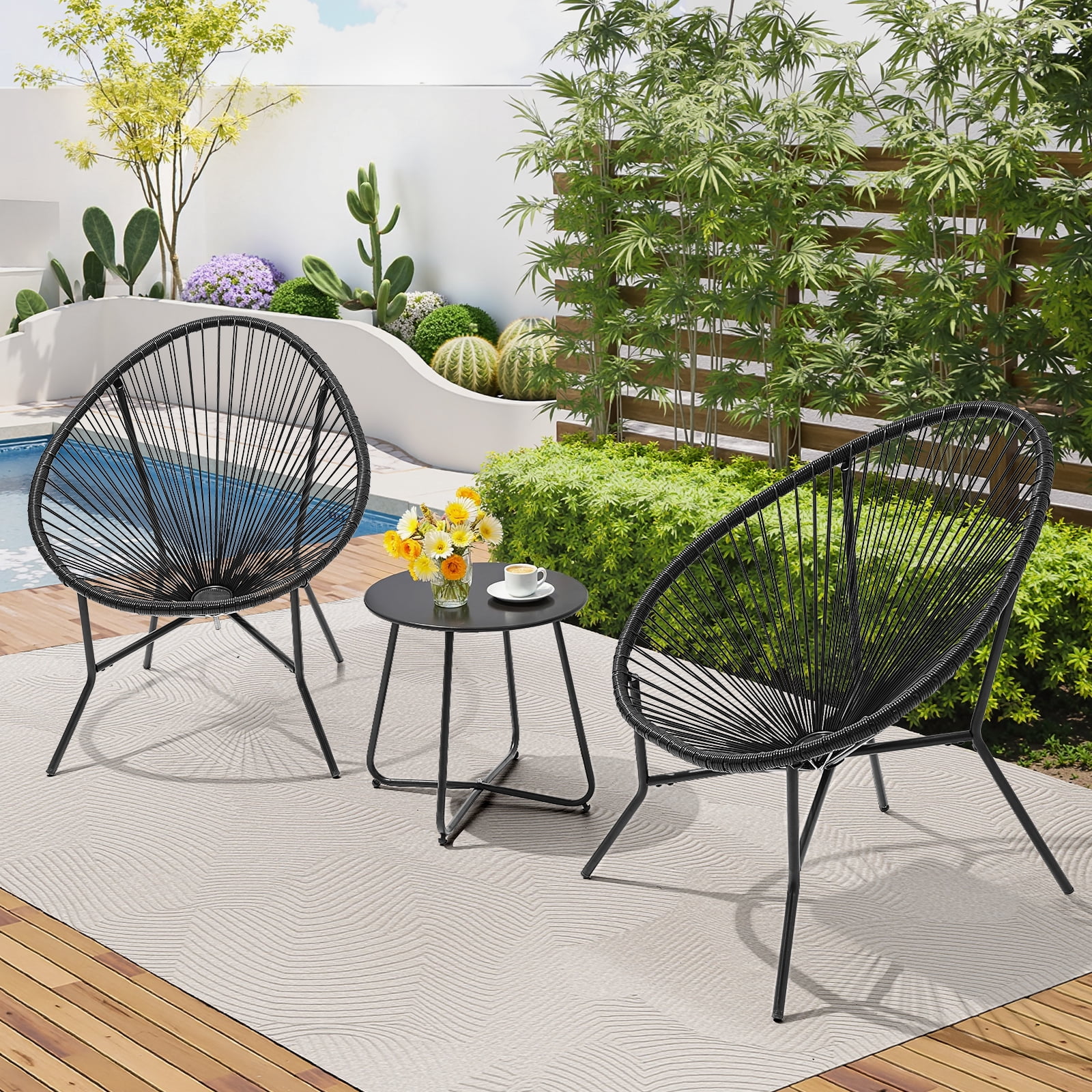 Dovov 3 Piece Patio Acapulco Furniture Bistro Set, Outdoor Bistro Set Acapulco Chairs All-Weather Rattan Wicker Chairs with Plastic Rope and Coffee Table, Black