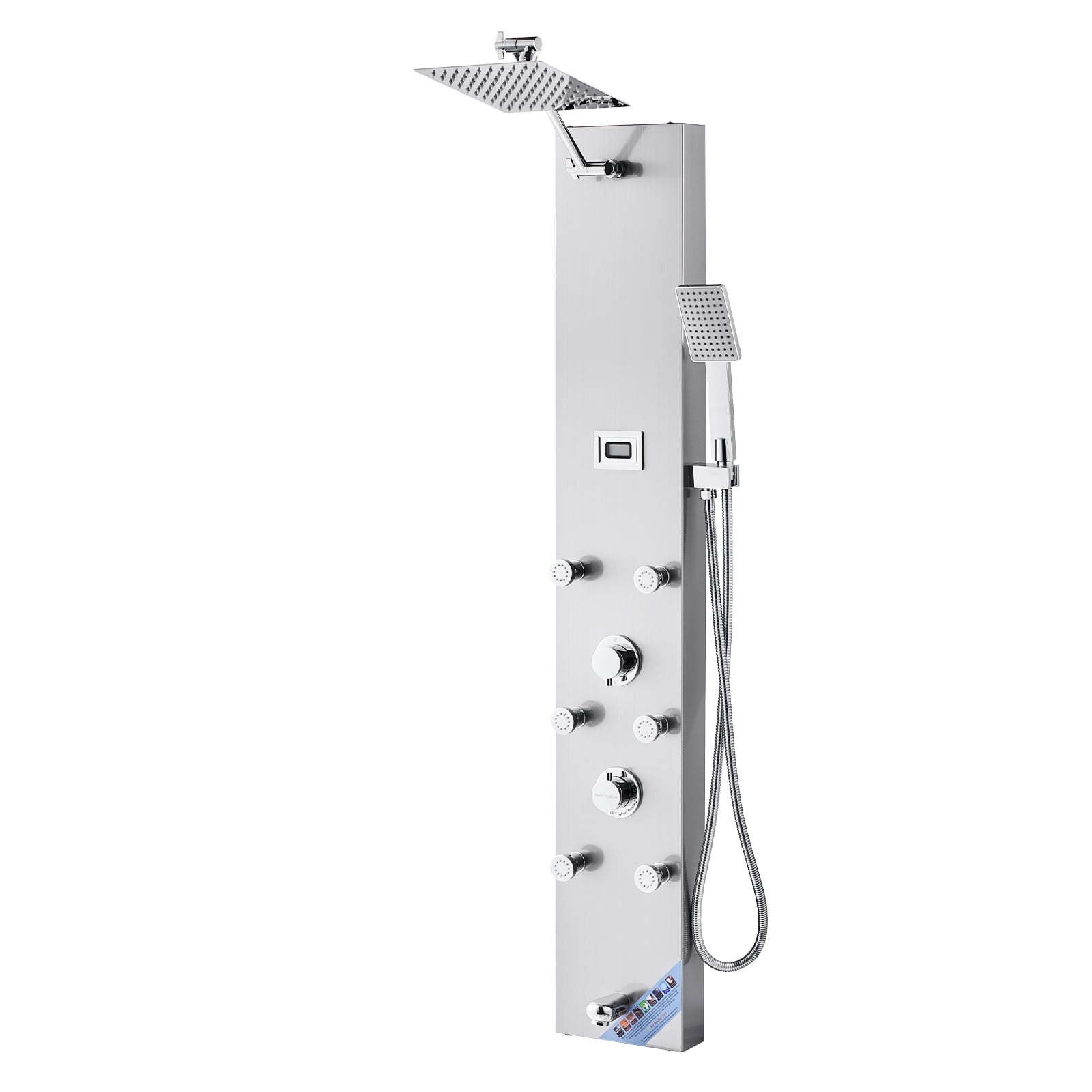 KFFKFF Shower Panel Tower System, 49 in Brushed Stainless Steel, Incorporates Rainfall Shower Head, LED, 4-Function Faucet, Wall-Installed Rain Massage System with 6 Body Jets, Handheld
