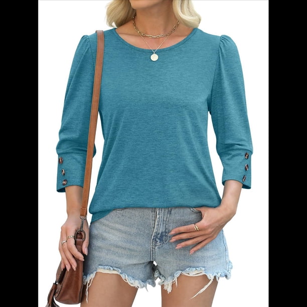 Blusas Elegantes e Informales con Mangas 3/4 y Botones para Mujer, Ideales para Vacaciones de Verano en la Playa. Azul y Verde XXL