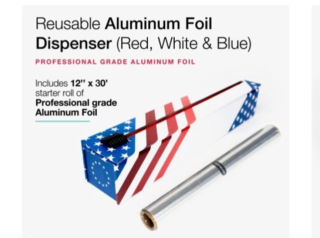 ChicWrap Red, White & Blue Foil Dispenser - Refillable Foil System with Slide Cutter, Non-Slip Bottom and 12" x 30' Refill Roll of Heavy Duty Professional Grade Aluminum Foil