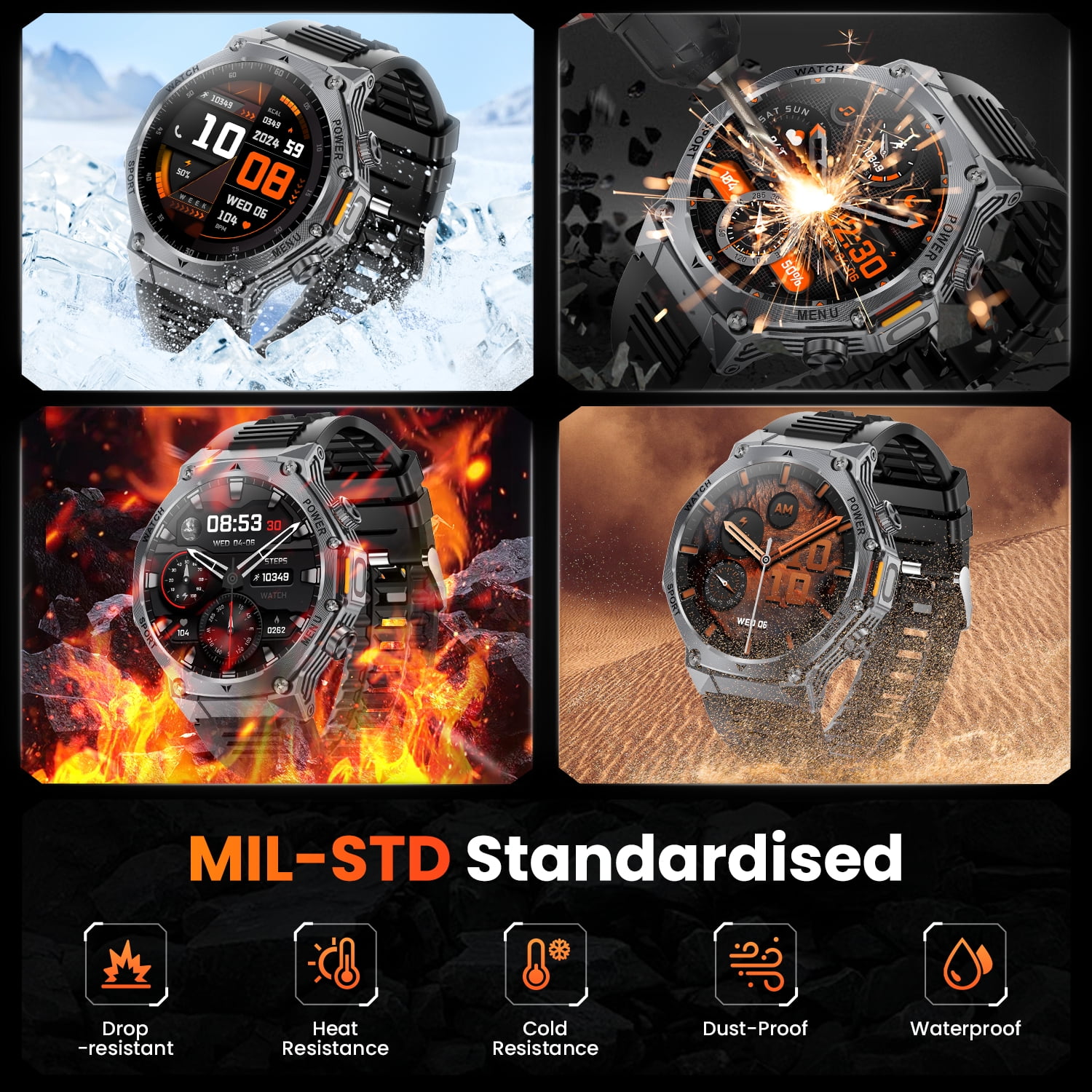 1.8-inch Military Men's Smartwatch fits for Android IPhone Devices with Fitness Tracker, Answer/Call/100 Multi-Sport Mode, IP67 Waterproof Sports Step Tracker (Black)