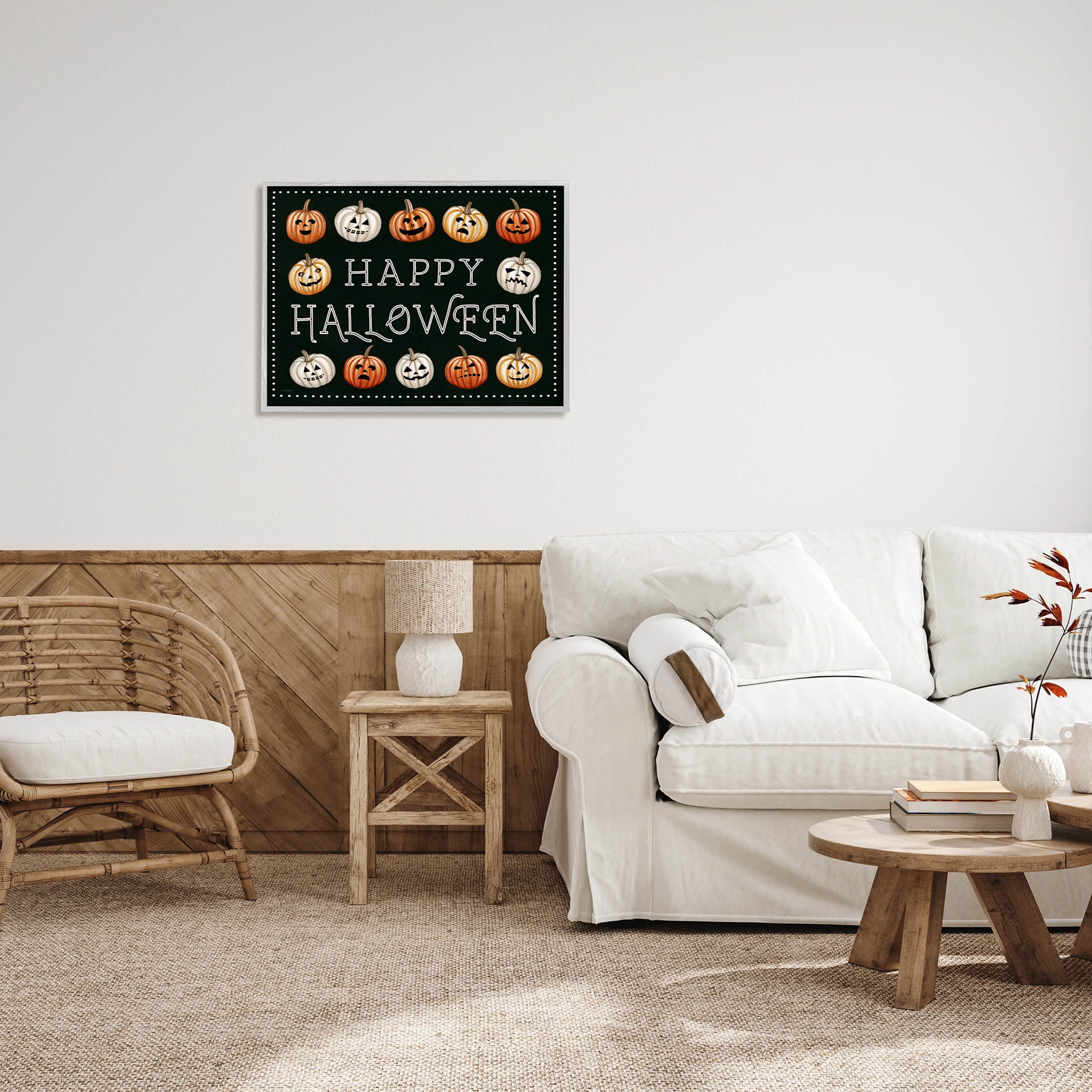 Stupell Industries Happy Halloween Jack-o-Lanterns Graphic Art Gray Framed Art Print Wall Art, Design by Elizabeth Tyndall