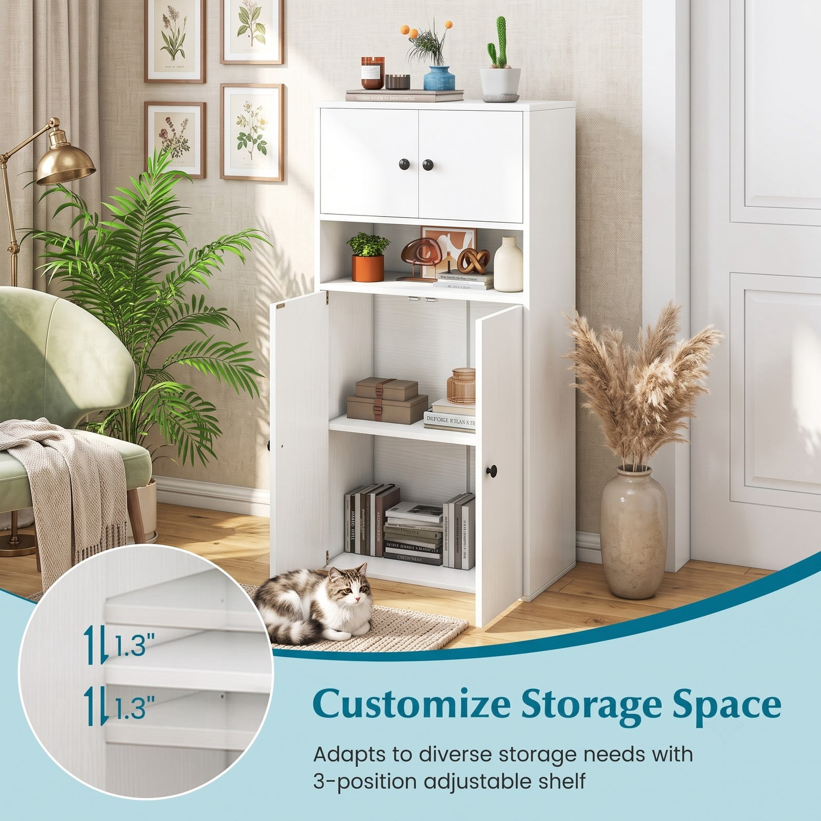 Furnibear 44 Inch Tall Bookshelf with Doors and Adjustable Shelf, Wood Storage Bookcase Cabinet with 2 Enclosed Cabinets and Open Compartment for Home Office, White