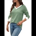thumbnail image 3 of Camisas de Larga con Cuello en V y Bloques de Color para Mujer: Suéteres Túnica Ligeros Informales de Otoño, Conjuntos de Moda. Verde M, 3 of 10