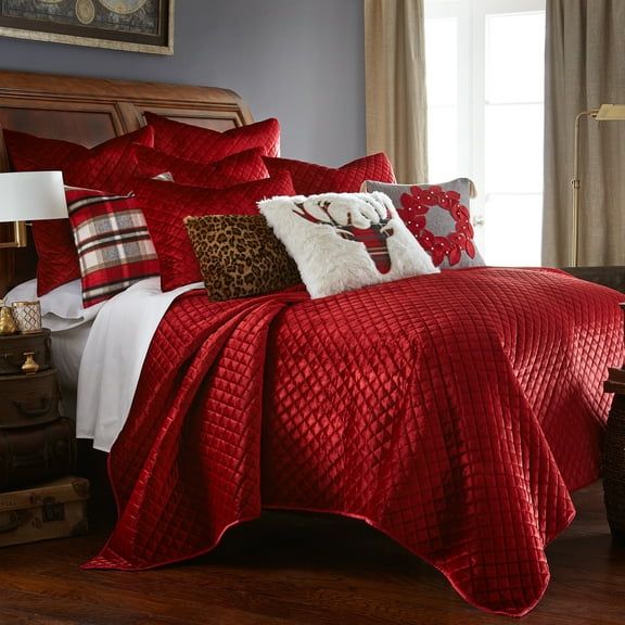 Levtex Home - All is Bright - Quilted Euro Shams (26x26in.) - Velvet Border - Red and White - Reversible - Cotton