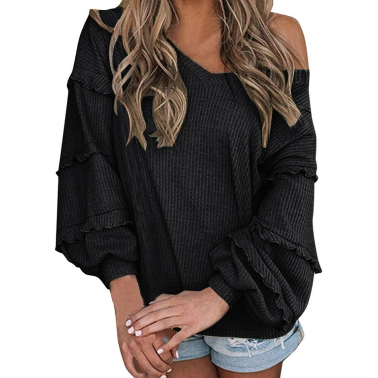 JDEFEG Soft Shirt Women V Neck Long Sleeve Blouse Loose Fit Tunics Ruffles  Off Shoulder Knit Solid Color Tops Fall Tee Shirts Blouses for Women with  Lace Polyester Black M 