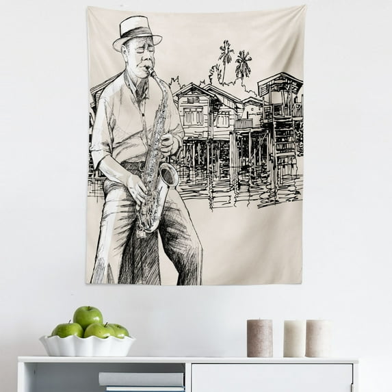 Jazz Tapestry, Art of Saxophonist Playing at River Bank Palm Trees Bungalow Reflection, Fabric Wall Hanging Decor for Bedroom Living Room Dorm, 5 Sizes, Beige Black, by Ambesonne