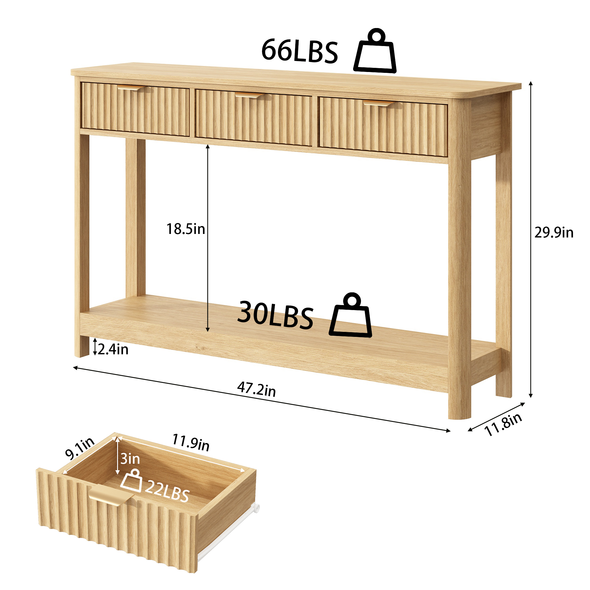 47" Fluted Console Table with 3 Storage Drawers, Narrow Entryway Table, Wood Sofa Couch Table for Living Room Entrance