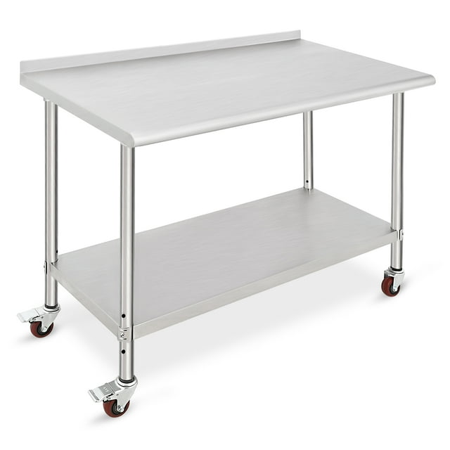 YUSAZENS Double Layer Stainless Steel Workbench 48 x 24 x 35 Inch, Mobile Utility Worktable with Wheels and Full Rear Back Panel
