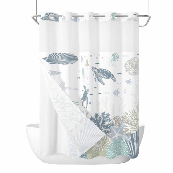 Sea Turtle Coastal No Hook Shower Curtain with Snap in Liner, Waterproof Fabric Shower Curtains, Nautical Summer Beach Starfish Coral Ocean Shower Curtain Set Top See Through for Bathroom 72"x84"