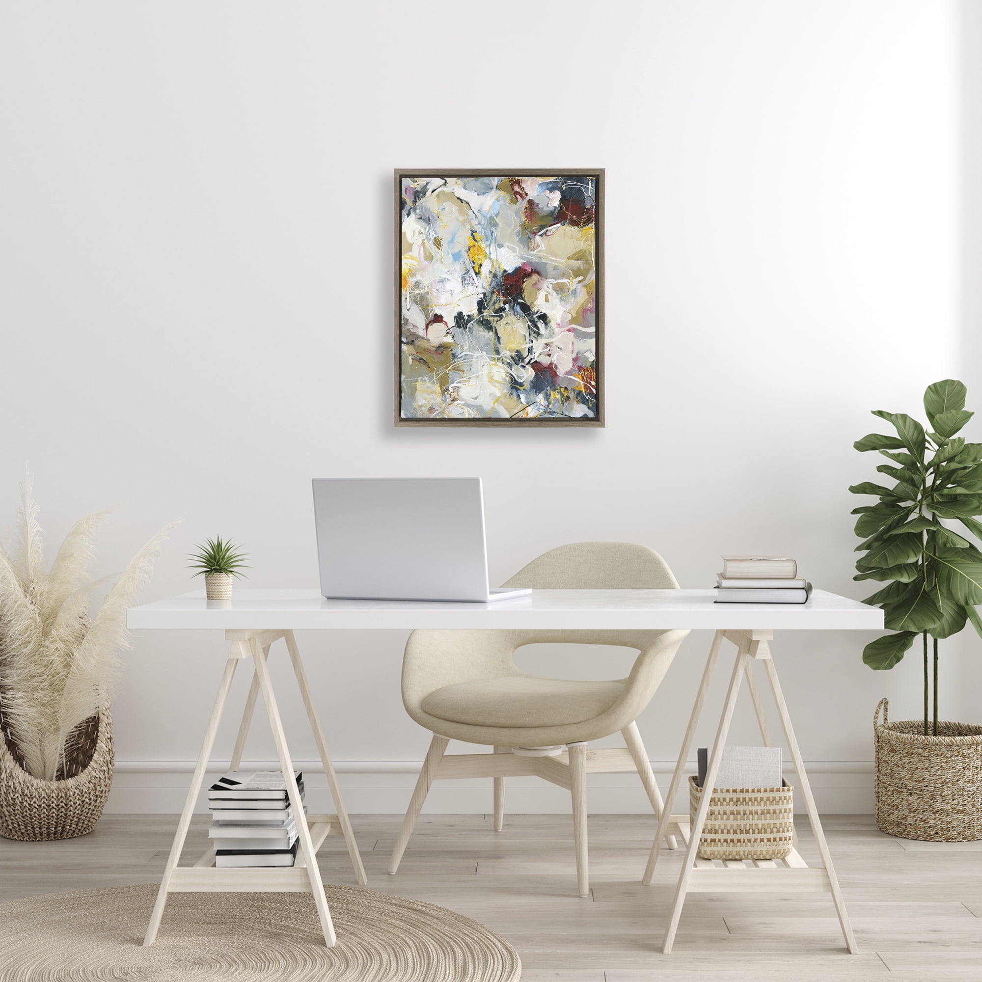 Energetic Frequency Abstract Brown Framed Floater Canvas Wall Art, design by Design Fabrikken