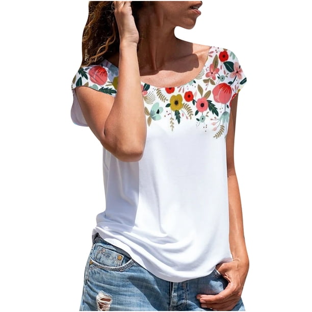 Blusa informal de manga corta con cuello redondo y estampado floral de verano para mujer Fridja hjk4523
