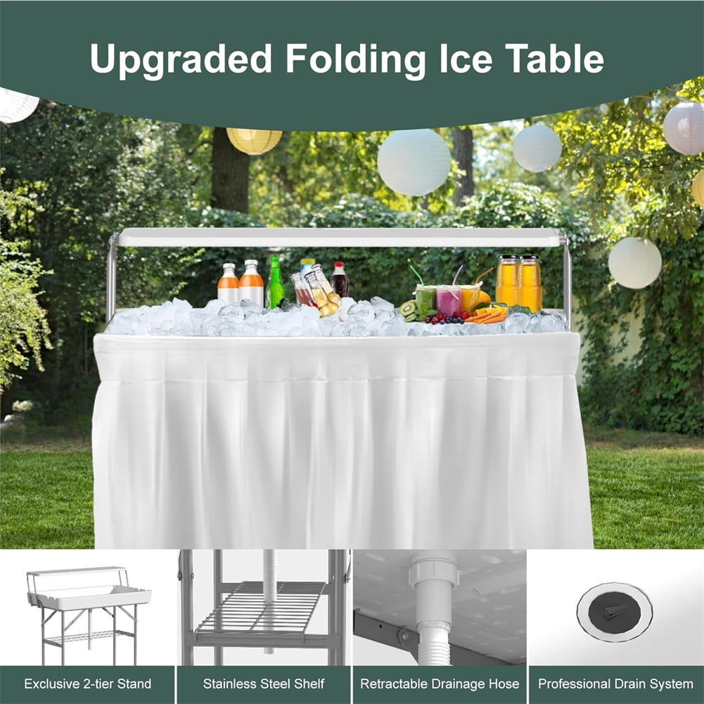Ataucjin Outdoor Ice Cooler Folding Table with Drain, Two-Tier Ice Tables with Removable Skirt and Extra Storage Shelf, Indoor Outdoor Use for Events, Parties, Wedding, Camping, BBQ, White