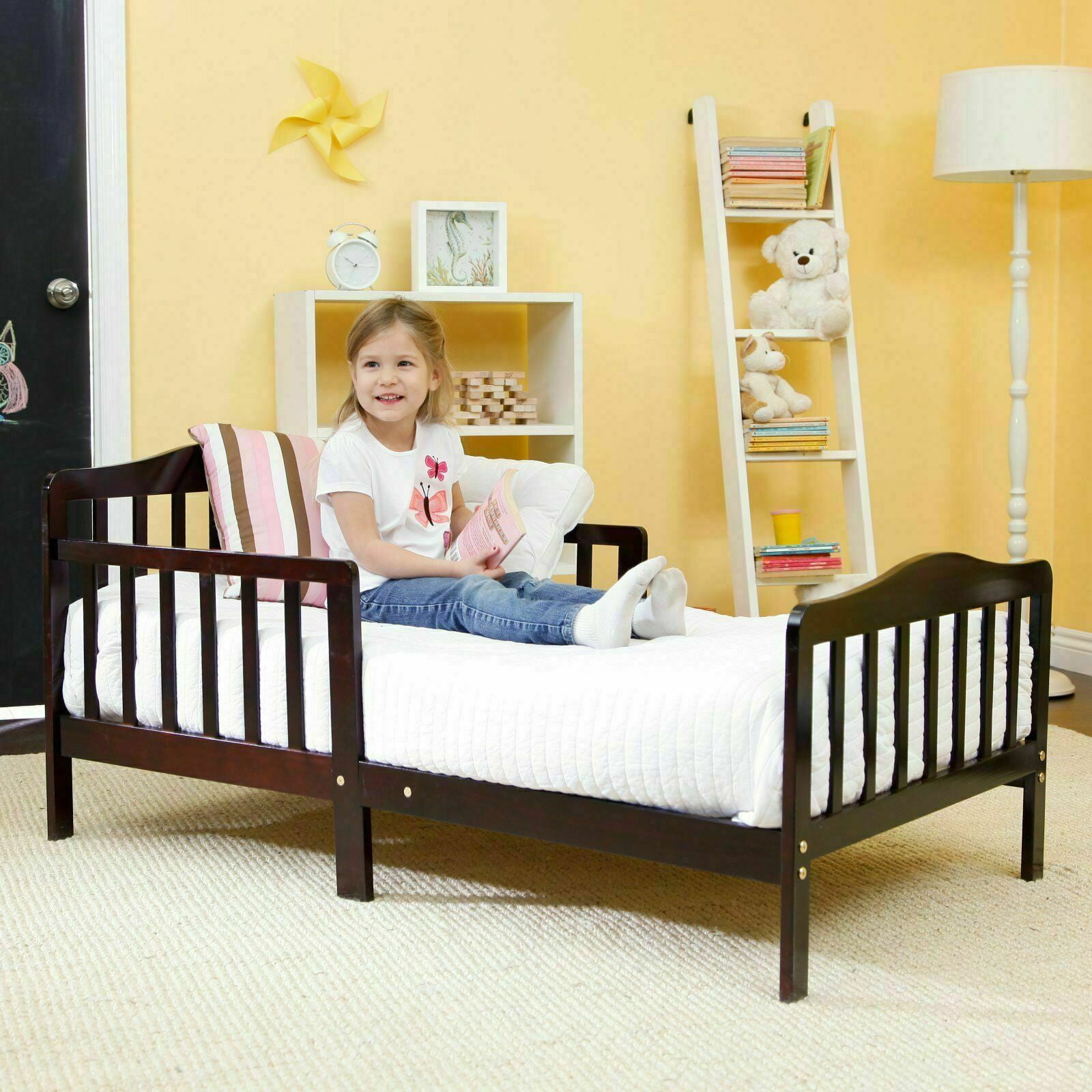 Baby Toddler Bed Kids Children Wood Bedroom Furniture w/ Safety Rails