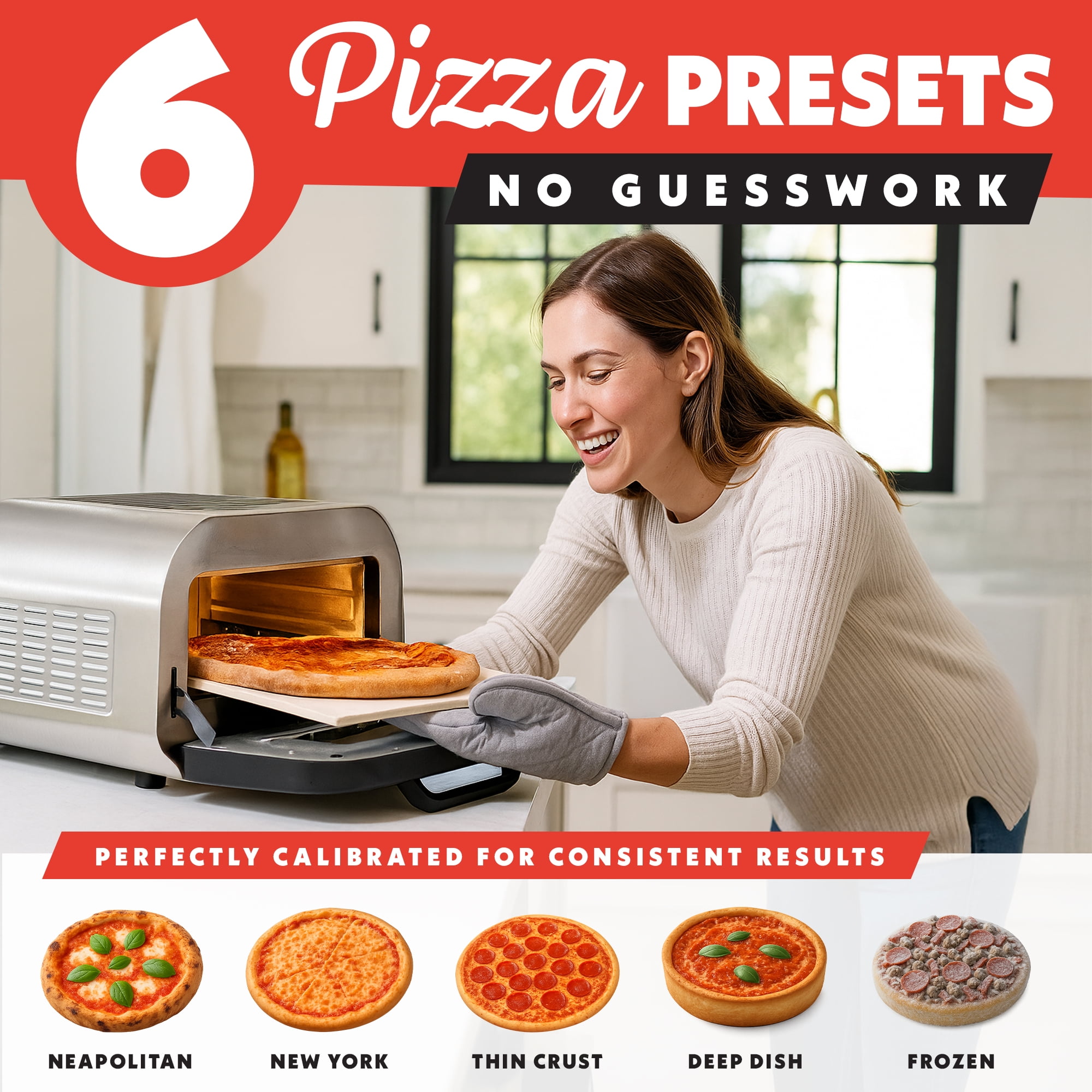 Gourmia Indoor Pizza Oven - All-in-One with 7 Cooking Functions, 6 Pizza Presets, Stainless Steel