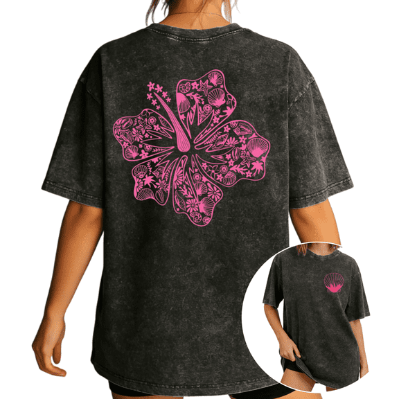 Women's Hibiscus Flower Ocean Nautical Pattern Graphic Comfortable Short Sleeve Washed Tee Black S-2XL Plus Size