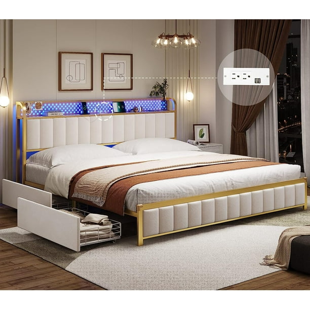 ADORNEVE Full Upholstered Bed Frame with Storage Headboard and Drawers, LED Bed Frame with USB