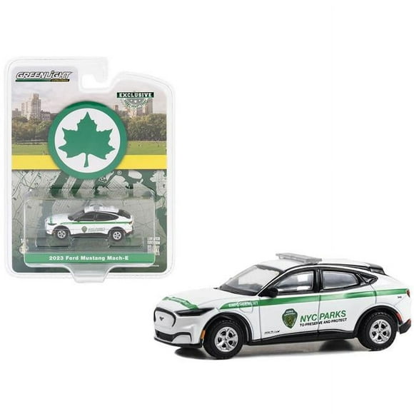Greenlight 30480 1-64 Scale Diecast Model Car with York City Department of Parks & Recreation Hobby Exclusive Series for 2023 Ford Mustang Mach-E - White with Green Stripes