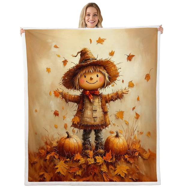 Erosebridal Cute Scarecrow Fleece Blanket, Pumpkin Sherpa Throw, Rustic Fall Decor , 60x80