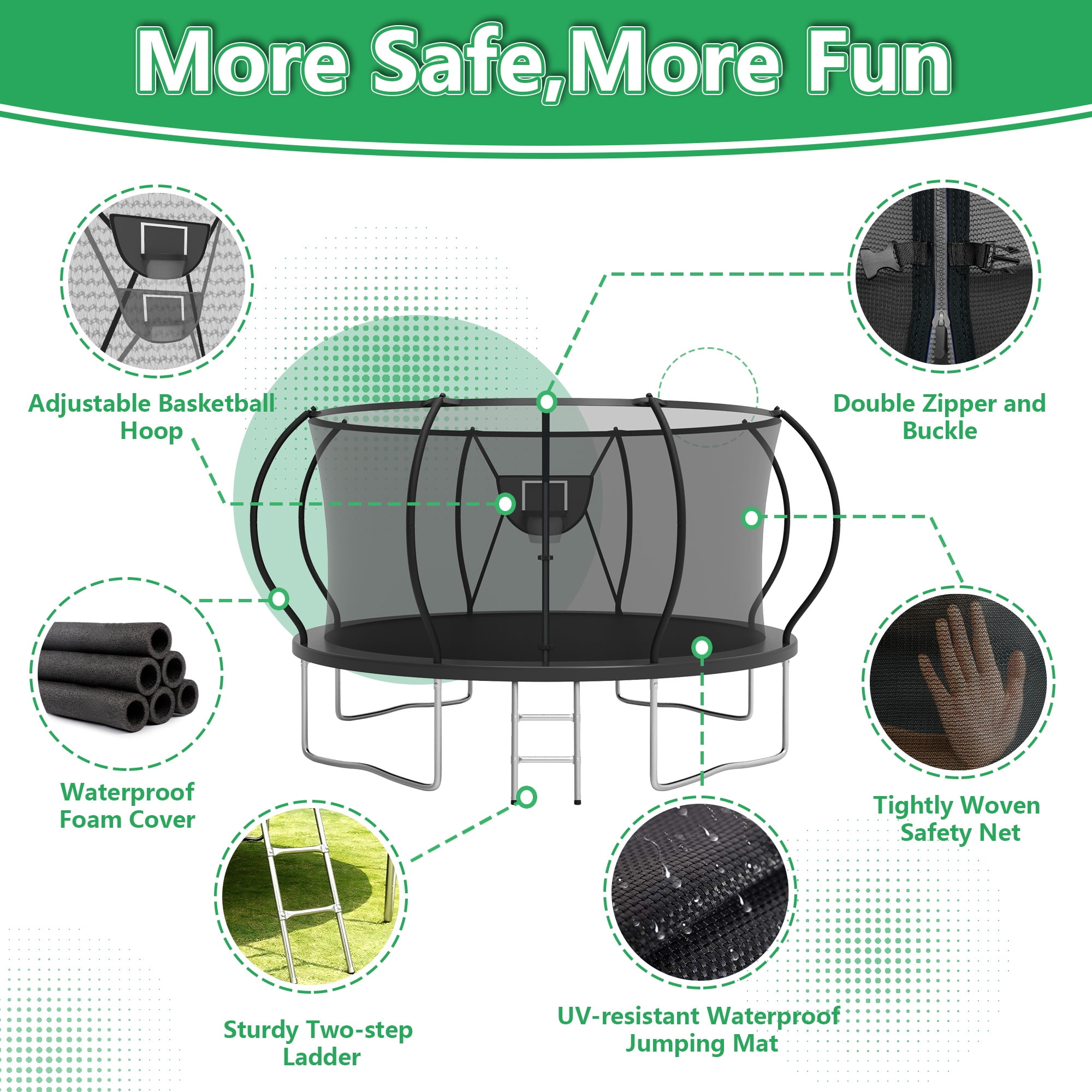 LHX Trampoline for Kids 12FT 14FT 16FT Outdoor Trampolines with Basketball Hoop, Safety Enclosure Net, Lights, Sprinklers, Socks, Recreational Heavy Duty Trampoline, 1200 LBS Loading, Easy to Install