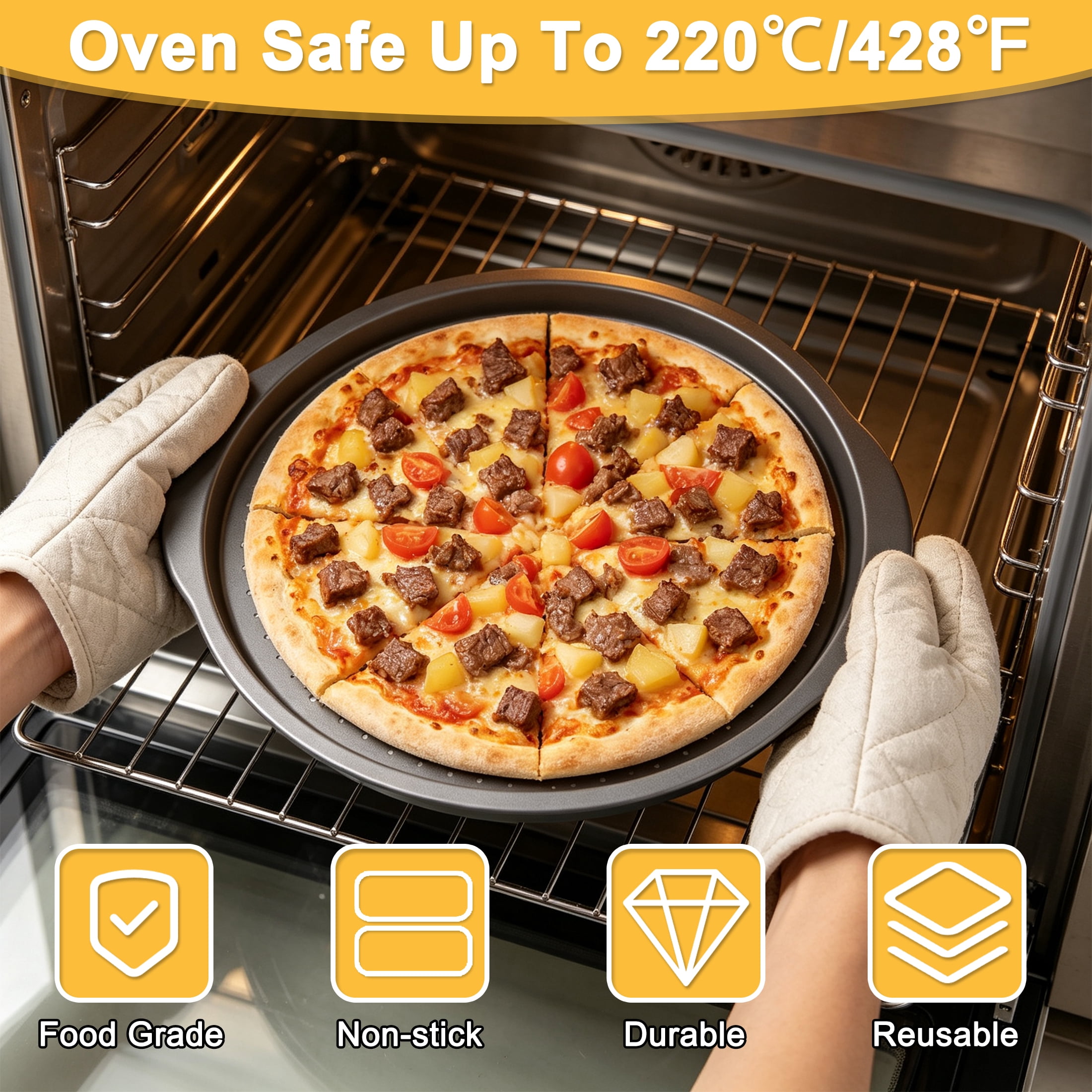14 Inch Pizza Pan for Baking, Carbon Steel Perforated Pizza Pan with Handles, Non-Stick Carbon Steel Round Pizza Baking Tray, Oven Safe Crispy Crust Pizza Baking Pan