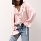 thumbnail image 2 of Sudadera corta,Blusa con volantes y lazo para mujer, cuello en V y mangas acampanadas, tejido suave y transpirable, camisa informal de manga larga para uso diario y en casa, sopatenor, 2 of 9