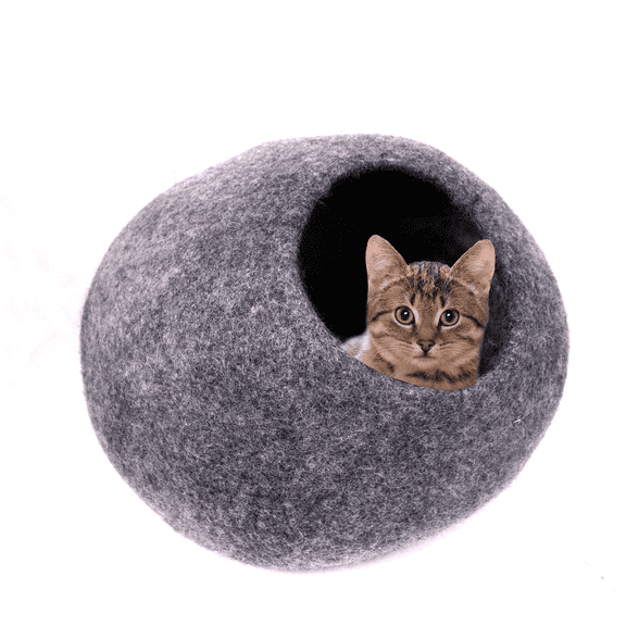 Handmade Merino Wool Cat Cave Bed – Cozy Felt Indoor Cat House, Eco-friendly 100% Wool, 16 x 10 in, 7-in Entrance