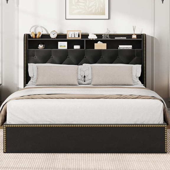 Memoryfield Velvet Queen Size Bed Frame with 4 Storage Drawers, Upholstered King Platform Bed with Tufted Headboard and Nailhead Trim Design, Wooden Slats No Box Spring Needed, Black