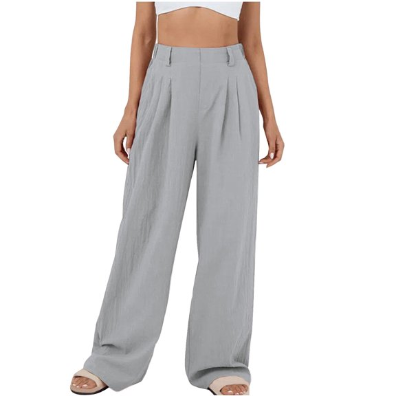Yuanlook Cotton Linen Wide Leg Pants for Women High Waisted Pleated Loose Fit Casual Pants Size S-XXL