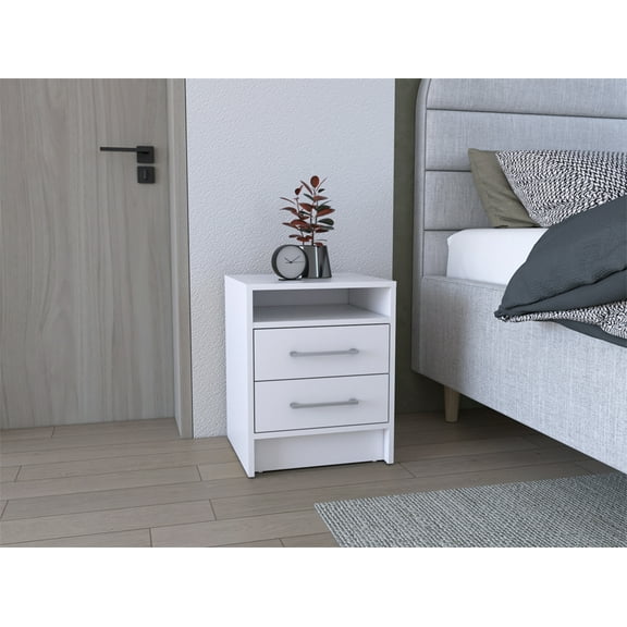 Nmkwnr 2 Drawer Nightstand with Open Shelf and Handle, Beside Table for Living Room, Bedoom, White