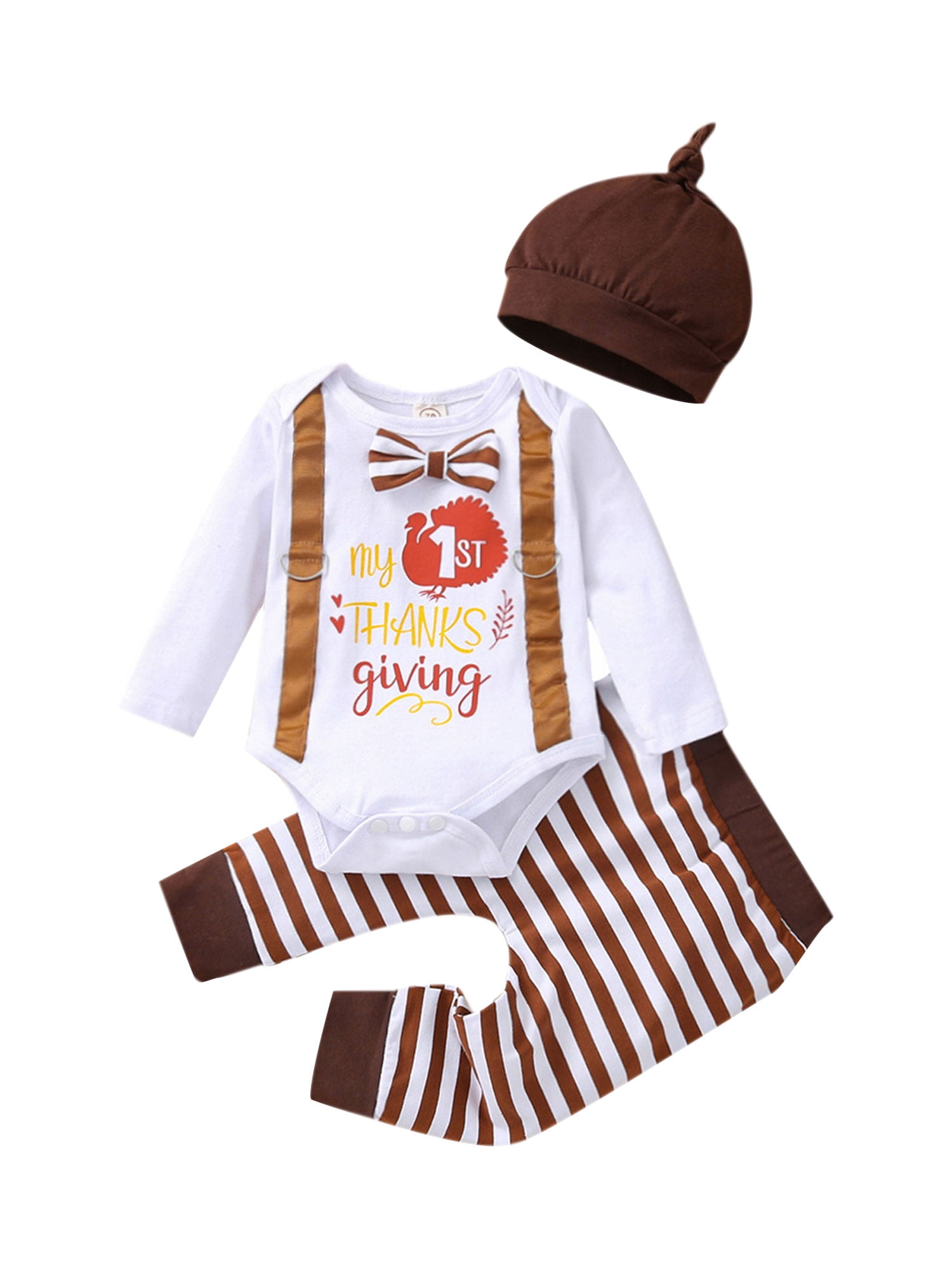 My First Thanksgiving Day Outfits Baby Boy Long Sleeve Bowknot Romper and Striped Pants with Hat 3Pcs Set White 6 9 Months Walmart