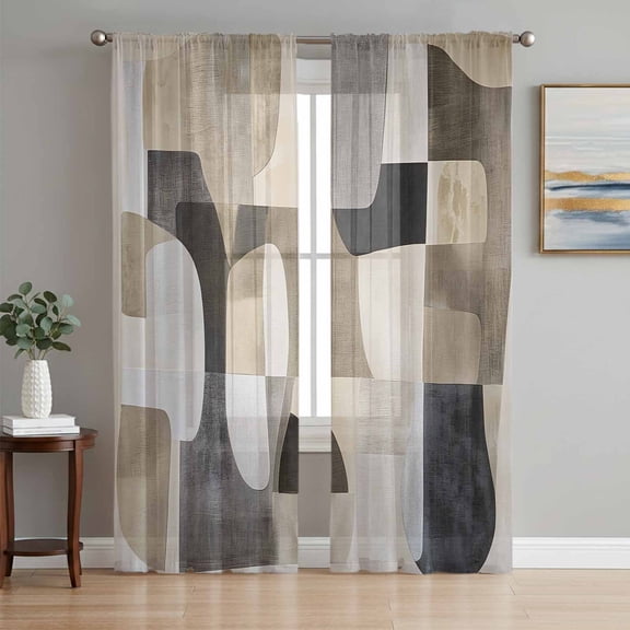 Black Brown Geometric Sheer Curtains 84 Inch Length 2 Panels Set, Modern Abstract Textured Voile Window Treatment Rod Pocket Curtains Sheers Drapes for Bedroom/Living Room/Kitchen 52"x84"x2