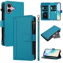 For iPhone 16 Wallet Phone Case-PU Leather Magnetic Flip Cover with 9 Credit Card Slots,Zipper Pocket & Detachable Wrist Strap,Shockproof,Turquoise,For iPhone 16