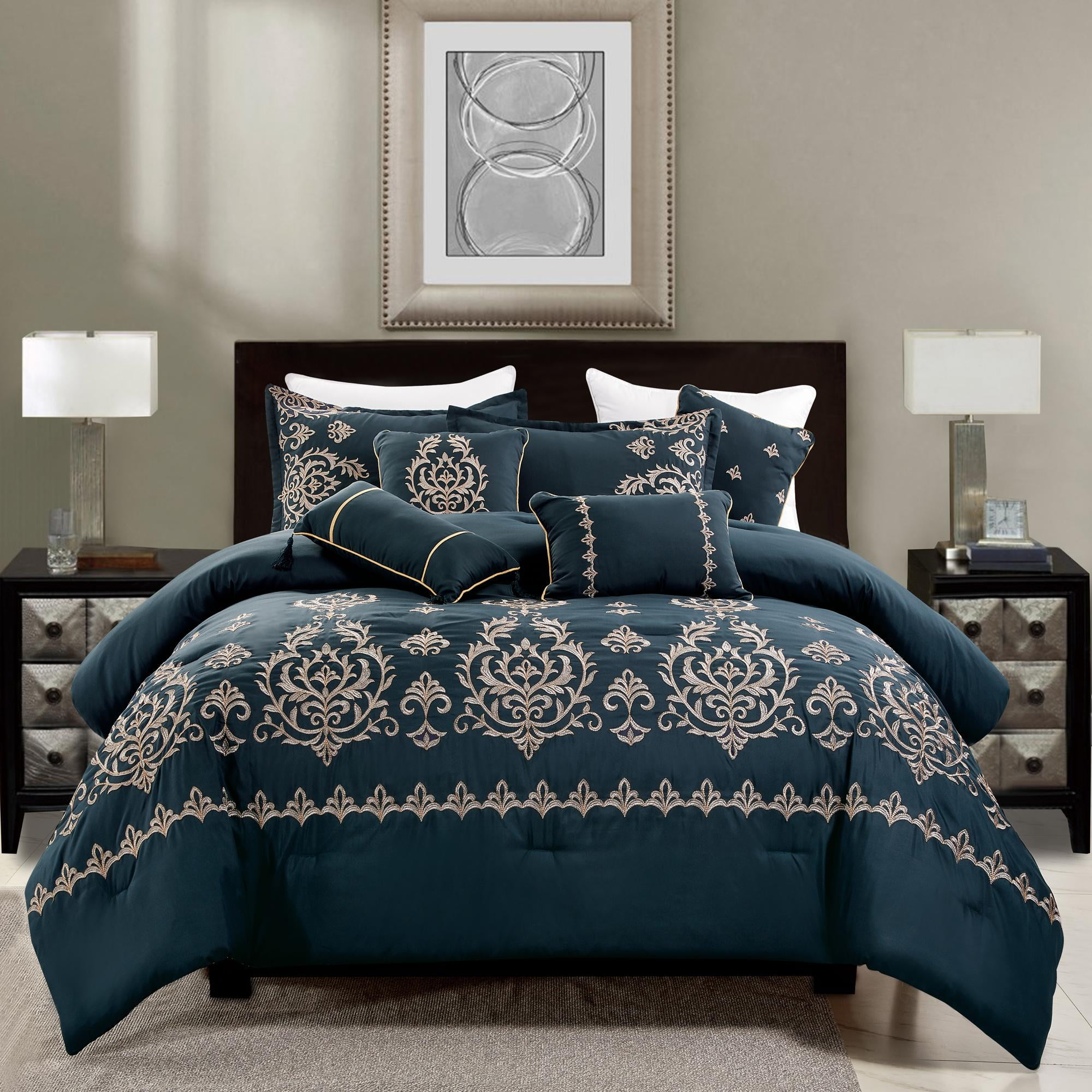 Royal Calico Royal Blue 7pc Comforter set Damask Stripe 100% Cotton 350 Thread C 